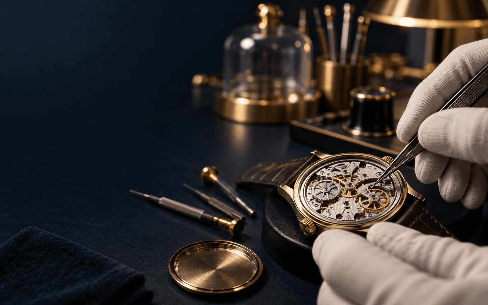Watchmaker servicing a mechanical watch